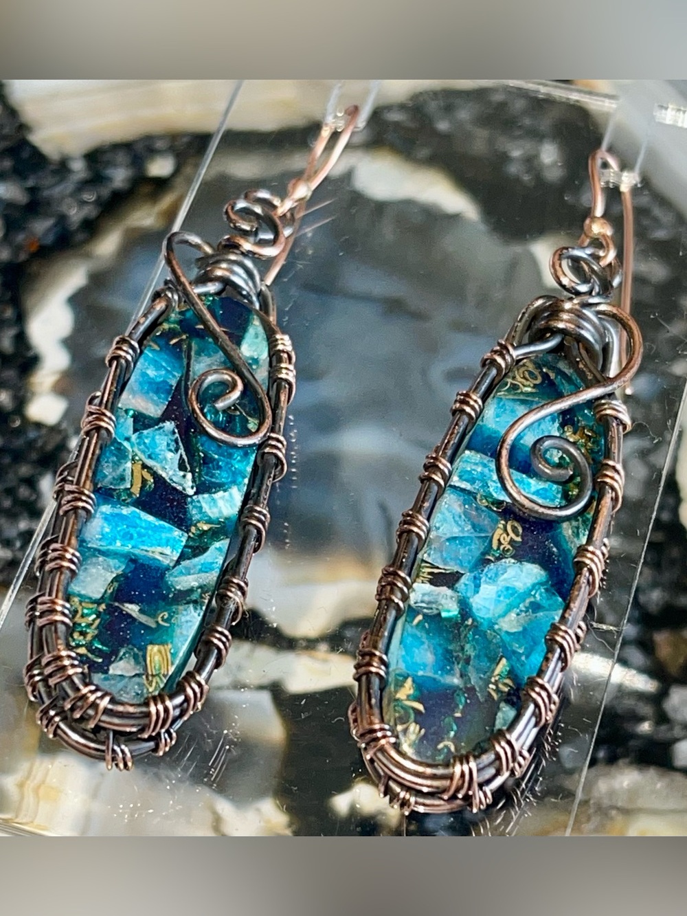 Copper Wire-wrapped Blue Apatite in Copper Crystal Earrings 2 1/2”